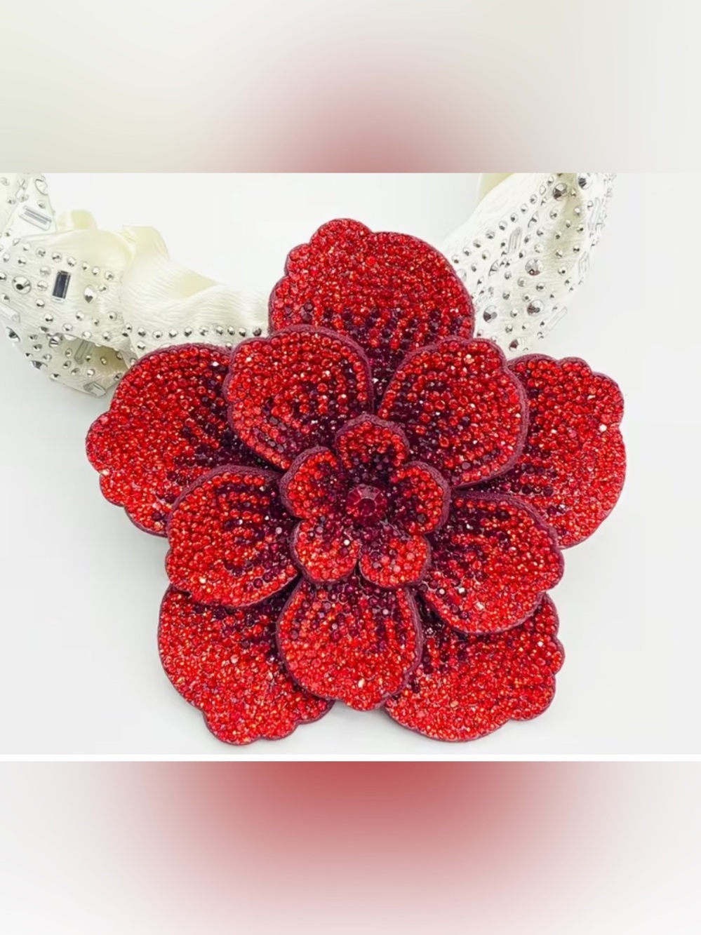 Red & Black Crystal Floral Sew-on Brooch Statement Jewelry Home Decor NWT